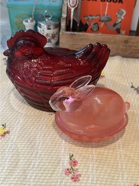 Hen on nest + Pink Glass Bunny Lidded Dishes